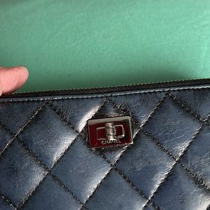 Chanel navy blue quilted leather full size zip wallet